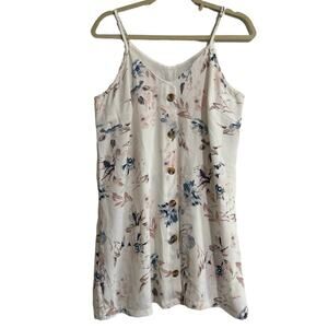 Mini Dress Womens Large White Blue Pink Floral Spaghetti Strap V Neck Buttons